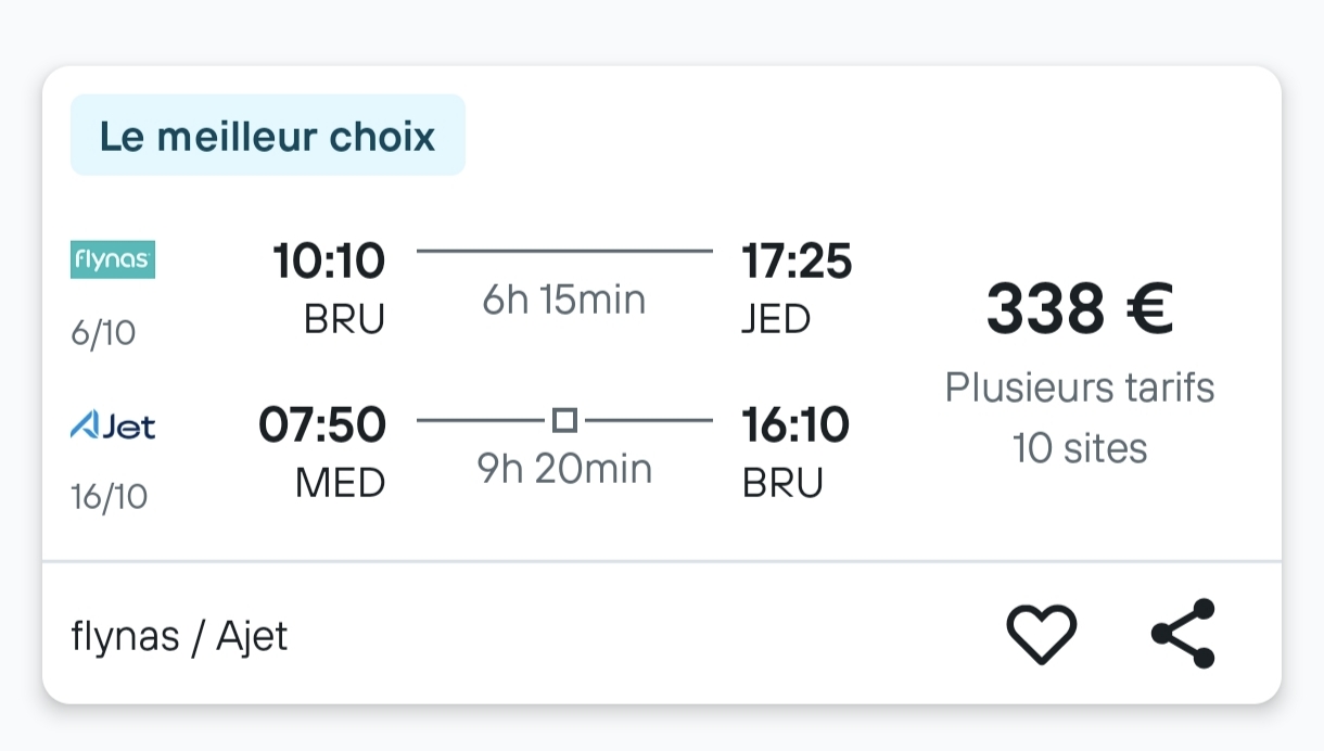 Vol Bruxelles → Djeddah / Médine → Bruxelles à 338 € A/R