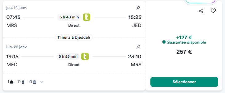 Vol Marseille -> Djeddah / Medine -> Marseille à 257e