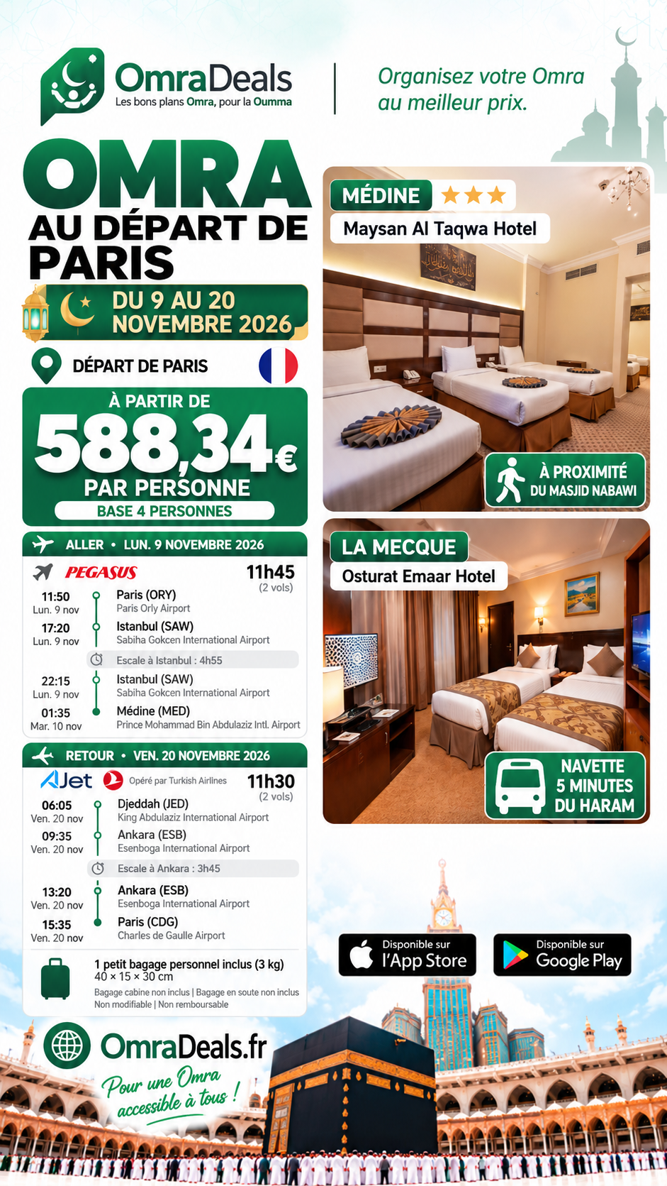 Vol + Hôtel pour effectuer une Omra au départ de Paris